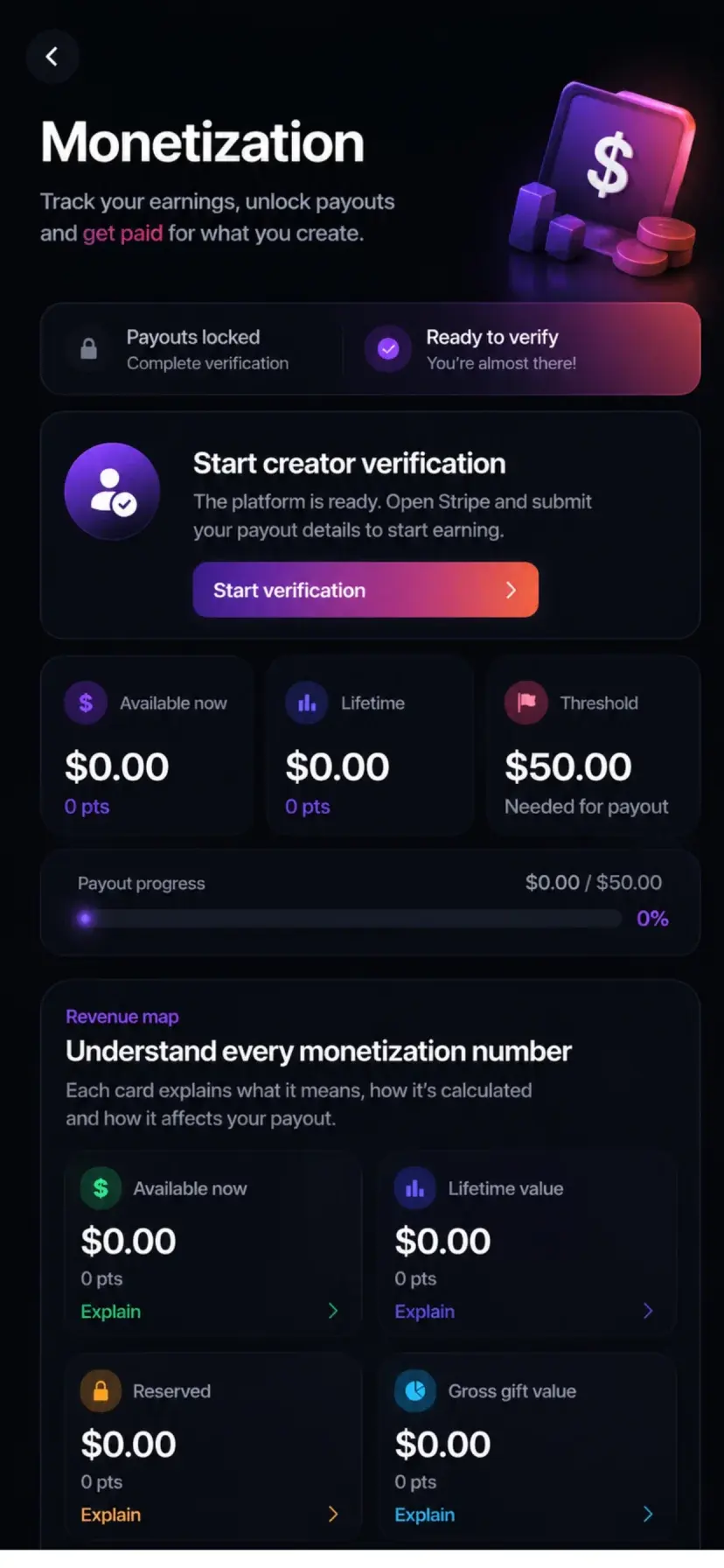 Fluxx creator monetization screen